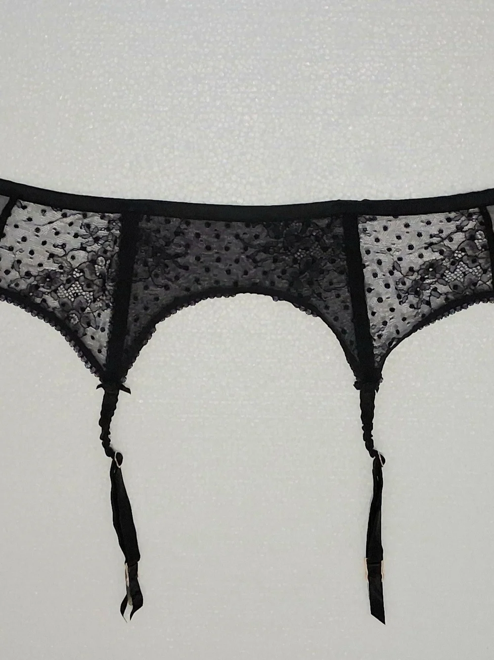 Victoria's Secret Black Lace Garter Belt with Polka-Dot Mesh XS